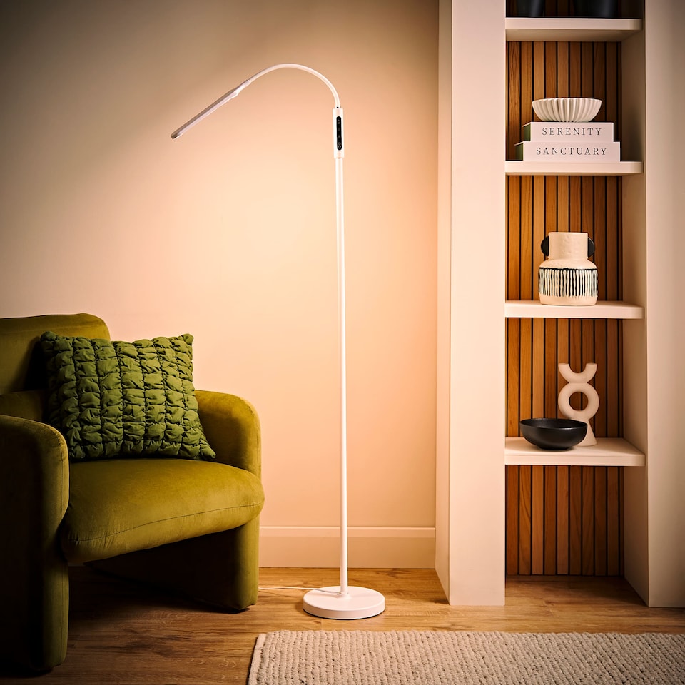 image 1 of ValueLights Daylight Dimmable Gloss White Floor Lamp and Integrated LED 12W White Mix 6000K Bulb | White