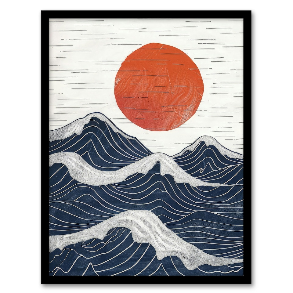 image 1 of Abstract Sunset Seascape Waves Sun Home Decor Black Framed Wall Art Print A4