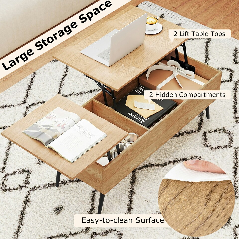 image 1 of COSTWAY Lift Top Coffee Table w/Storage Compartments Natural N/A