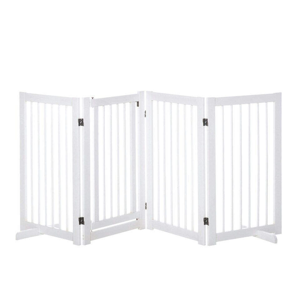 image 1 of PawHut Wooden Freestanding Pet Gate 4 Panels Foldable Dog Safety Fence White