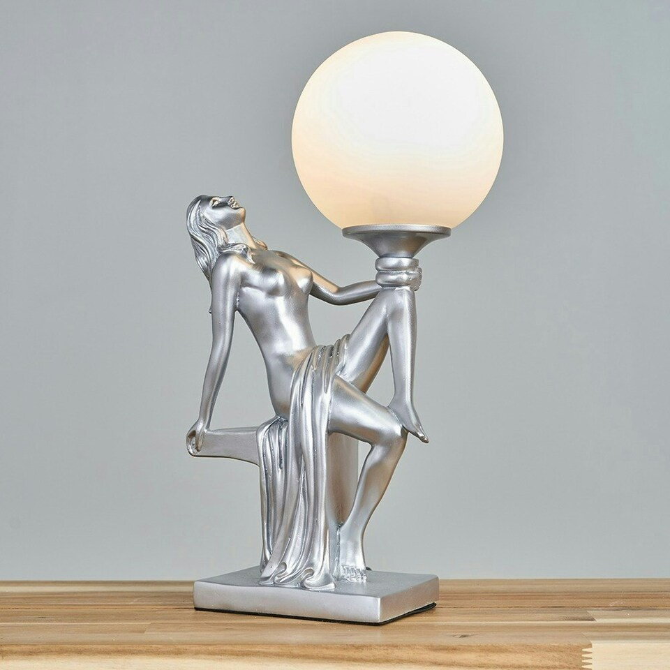 image 1 of ValueLights Matt Silver Art Deco Table Lamp With White Opal Glass Globe Shade
