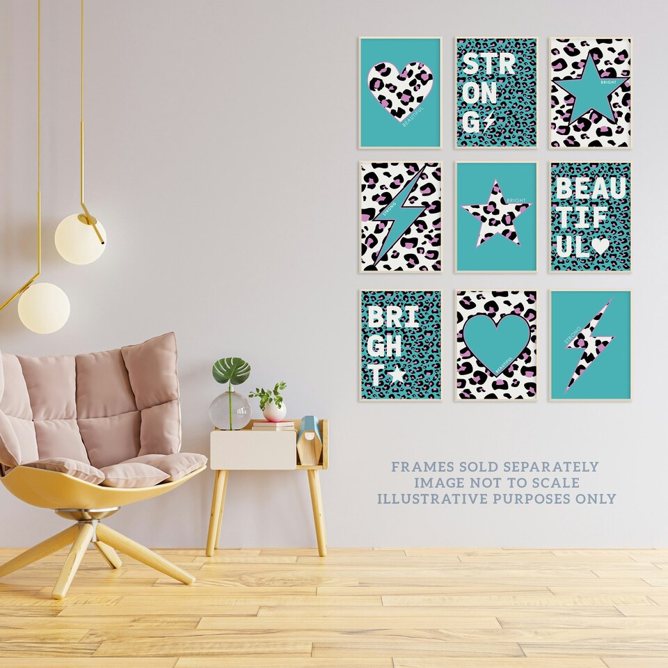image 1 of Pack of 9 Turquoise Purple Leopard Pattern Heart Lightning Star Beautiful Bright Strong Wall Art Prints 12x16 Inch