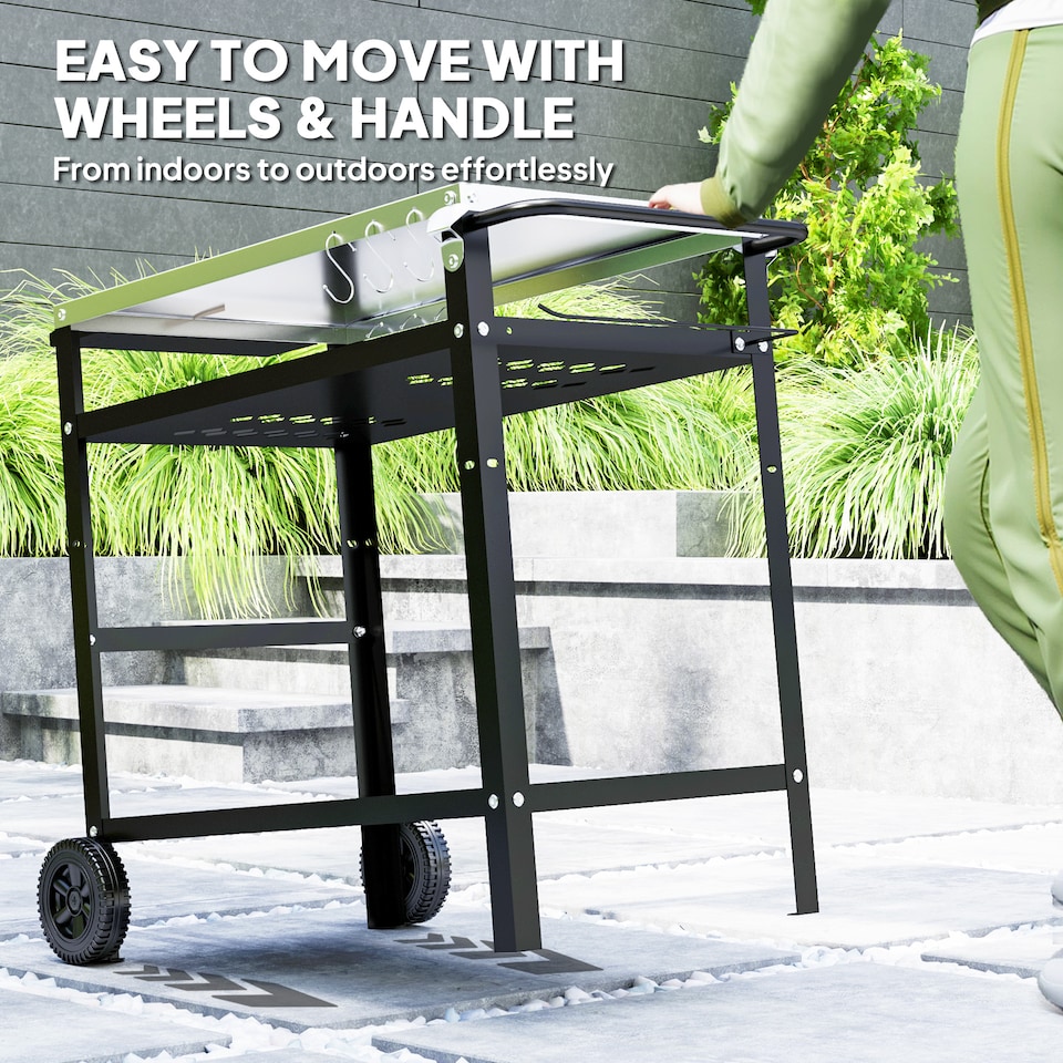 image 1 of Outsunny BBQ Trolley with Stainless Steel Top, Movable Barbecue Pizza Table