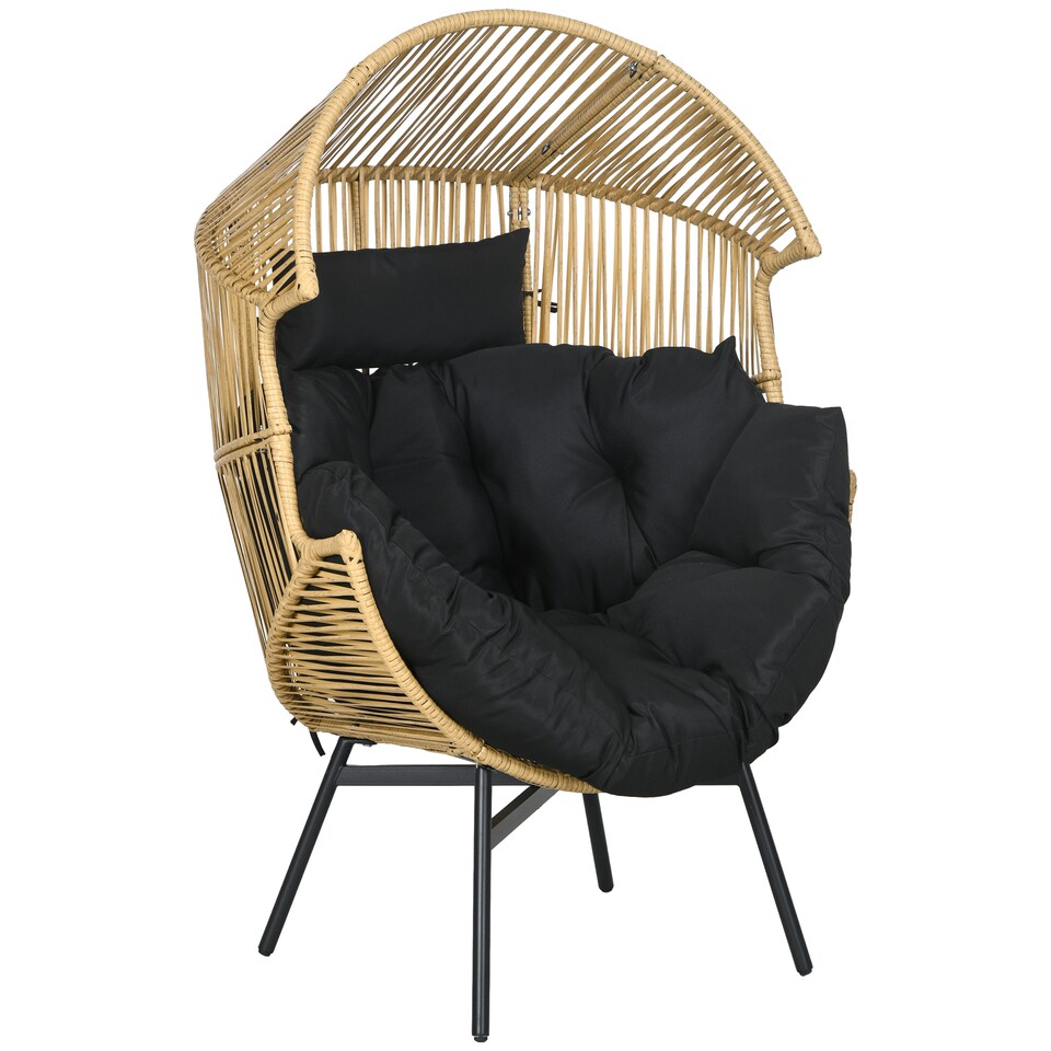 image 1 of Outsunny Garden Egg Chair with 14cm Thick Seat Cushion, PE Rattan Leisure Chair with Comfortable Headrest, Adjustable Feet, Steel Frame, Sand