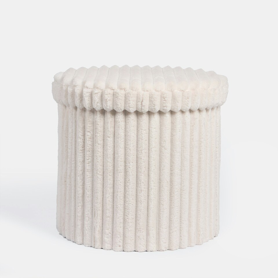 image 1 of OHS Soft Fleece Ribbed Round Foldable Footstool Seat Storage Organiser Ottoman Cream