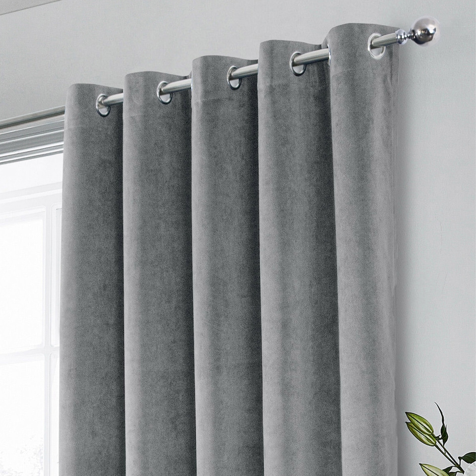 image 1 of Luxury Enhanced Living Grey Velvet, Supersoft, 100% Blackout, Thermal Pair of Curtains with Eyelet Top - 46 x 54 inch (117x137cm)
