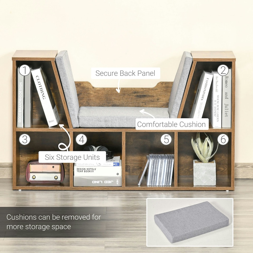 image 1 of HOMCOM Cube Bookshelf Organizer with Reading Seat, Six Cubes, Brown