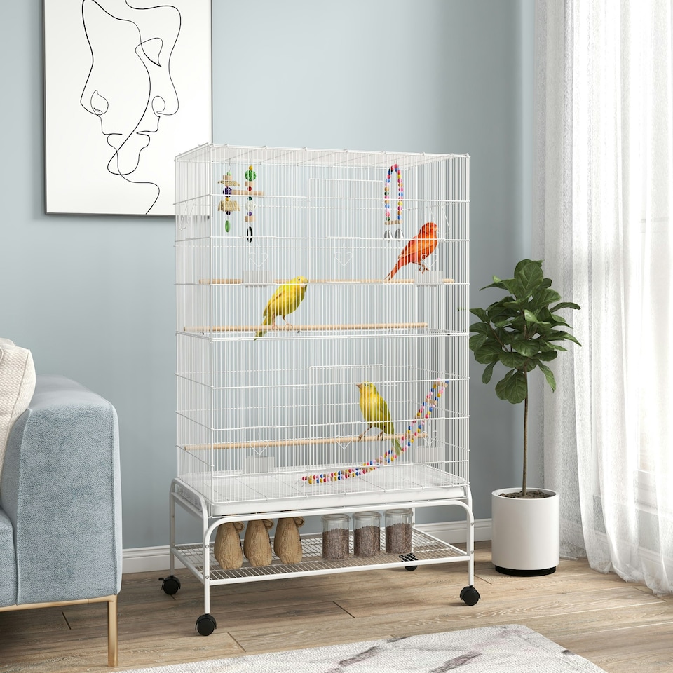 image 1 of PawHut Bird Cage with Stand, Wheels, Toys, for Budgies, Finches, White