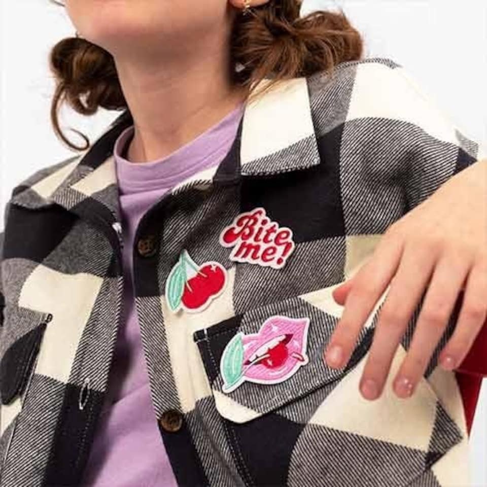 image 1 of Bite Me Pink & Red Iron On Patches - Pack of 3