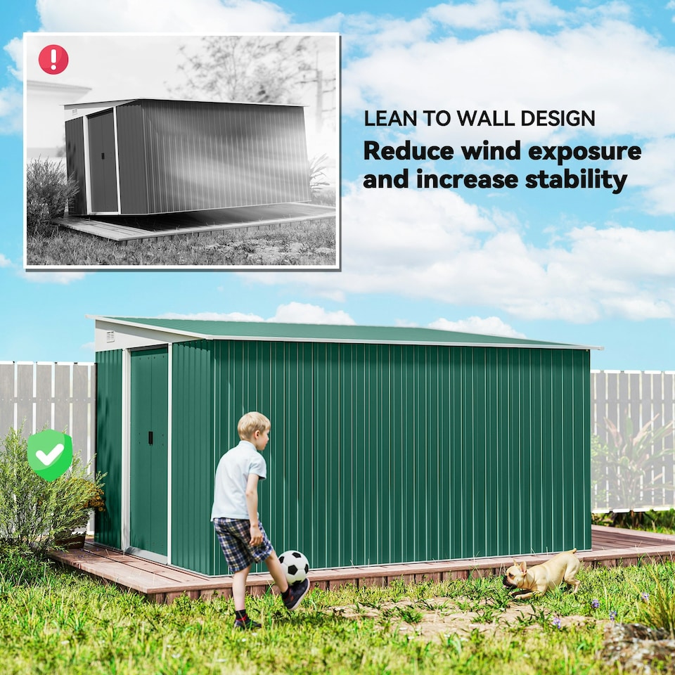 image 1 of Outsunny 11.3x9.2ft Steel Garden Storage Shed w/ Sliding Doors & 2 Vents, Green