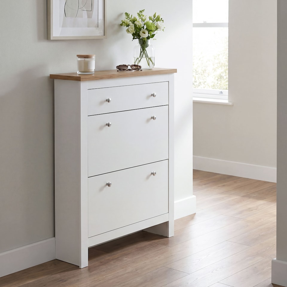 image 1 of Vida Designs Arlington 2 Door 1 Drawer Shoe Cabinet Shoe Rack Storage Cupboard, White & Oak | White | White | 1