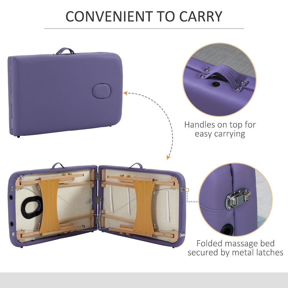image 1 of HOMCOM Wooden Folding Spa Beauty Massage Table w/ 2 Sections, Carry Bag, Purple