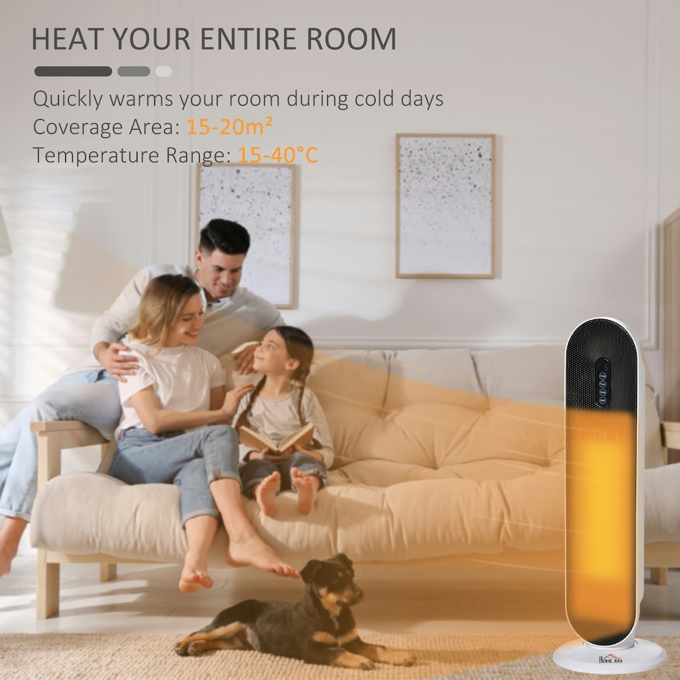 image 1 of HOMCOM Ceramic Space Heater Tower Heater W/ 45° Oscillation, White
