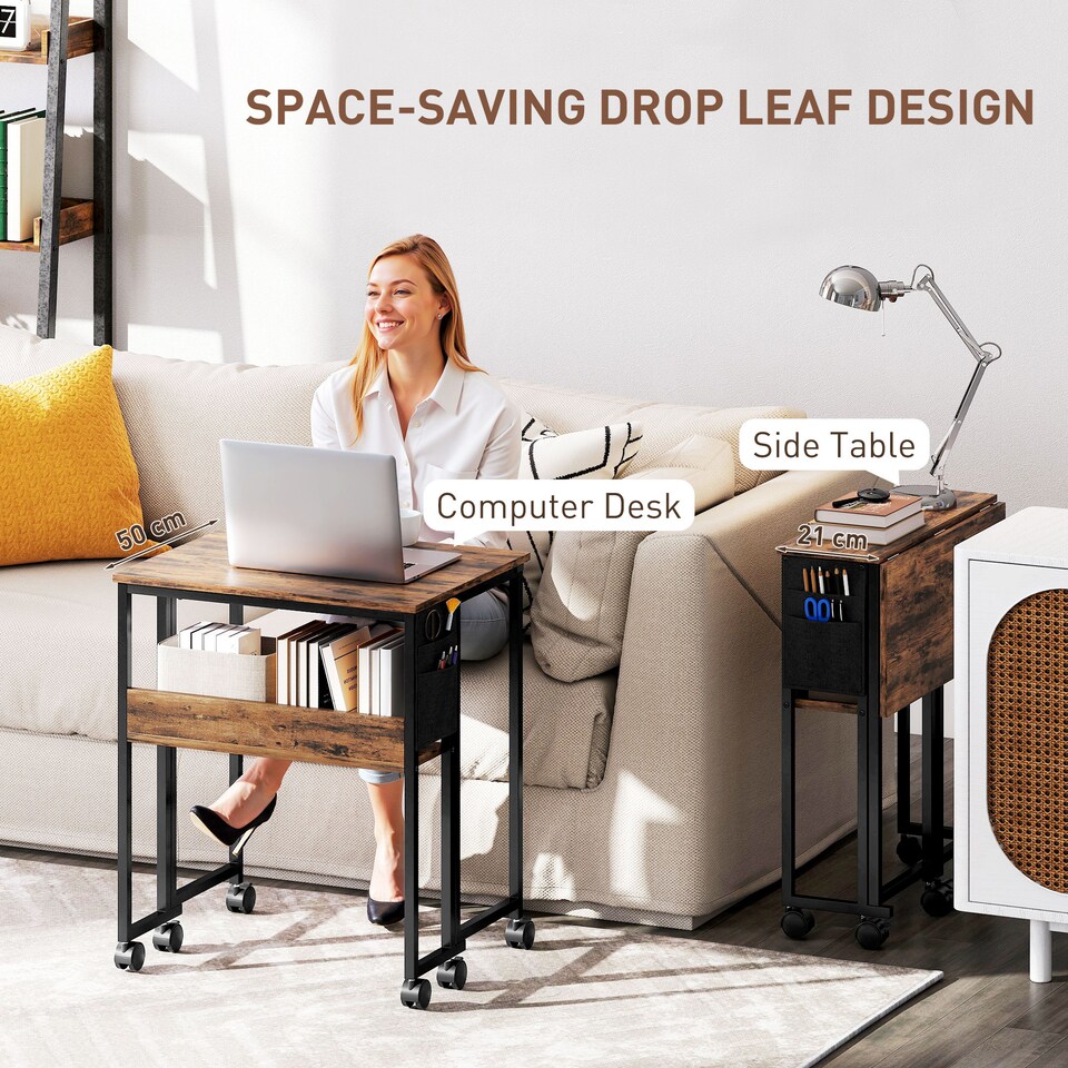 image 1 of HOMCOM Folding Desk with Storage Shelf and Bag, 63 cm Foldable Computer Desk for Small Spaces, Space Saving Writing Table on Wheels for Home Office, Bedroom, Easy Assembly, Rustic Brown | Brown