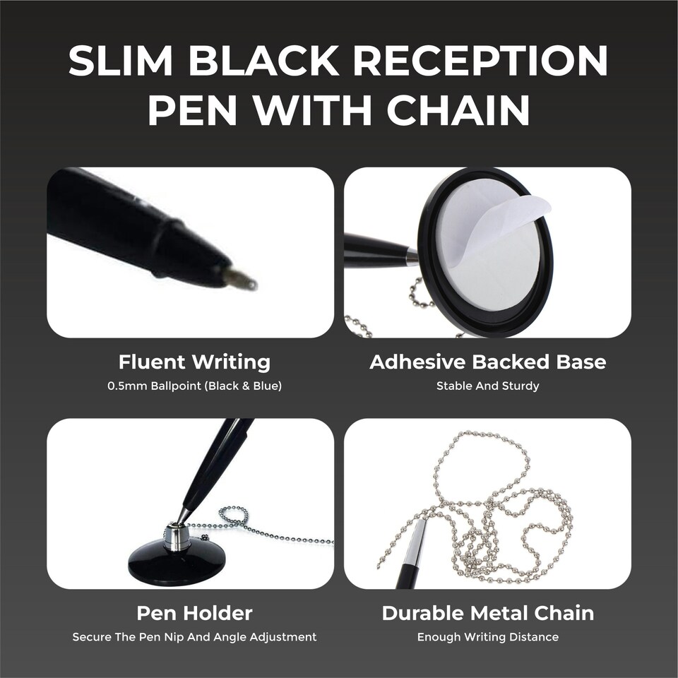 image 1 of Pack of 96 Slim Black Reception Counter Pens on Chain