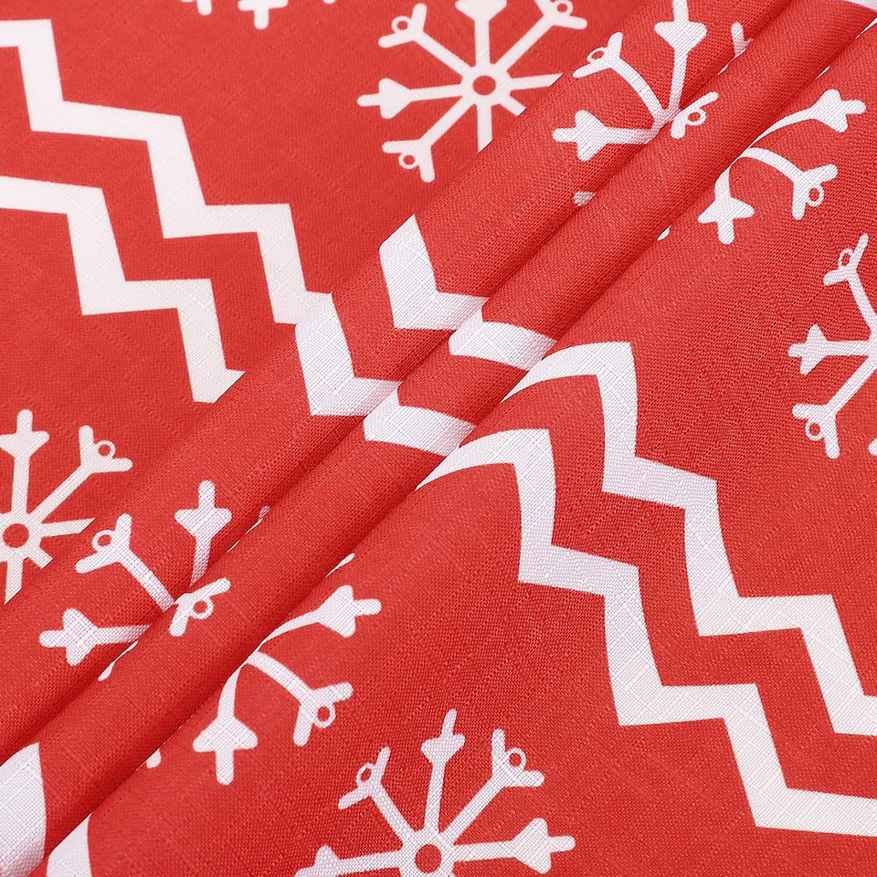 image 1 of London Boutique Christmas Tablecloth, Water‑Resistant, Boho Snowflake and Reindeer Print, Red, 52 x 52 in
