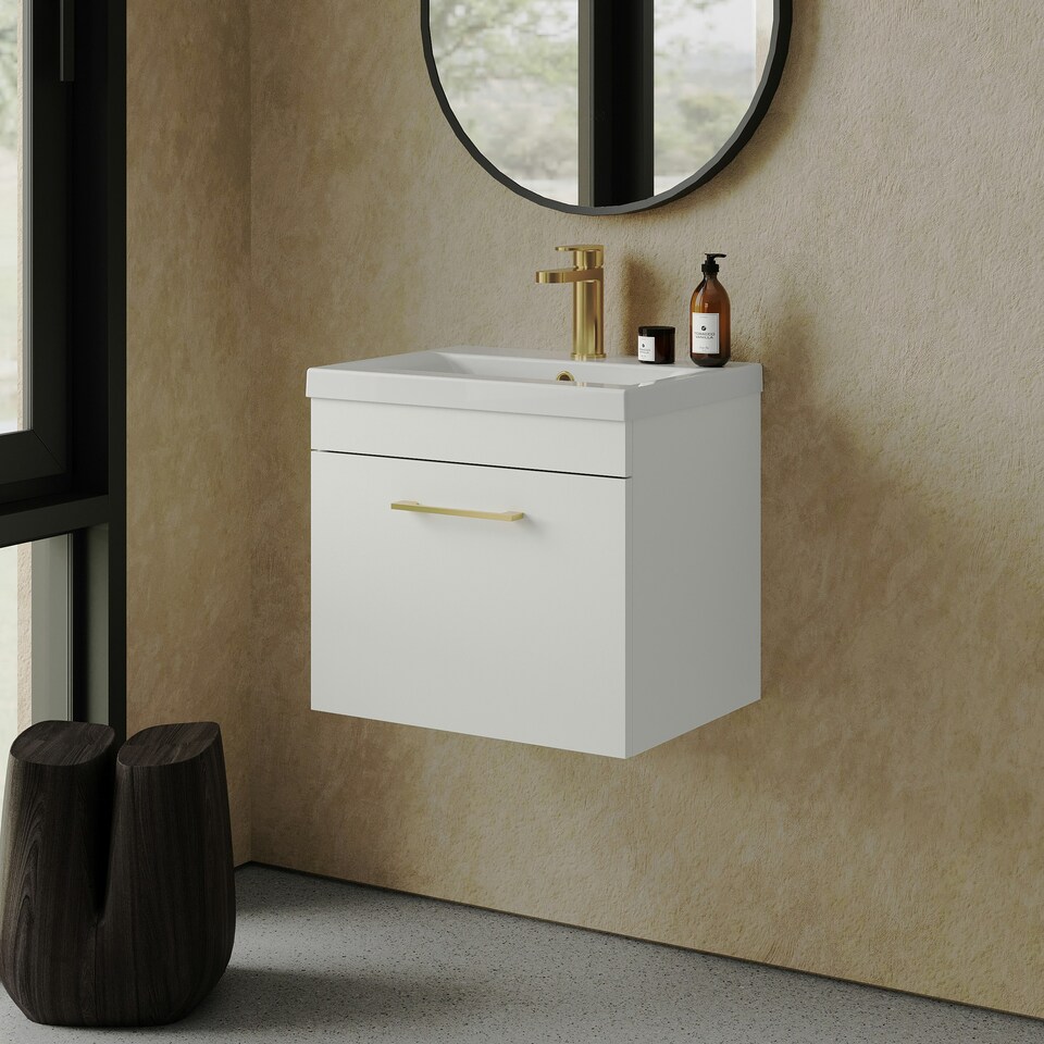 image 1 of Rio 1 Drawer Wall Hung Vanity Basin Unit - 500mm - Gloss White with Brushed Brass D Handle (Tap Not Included) White