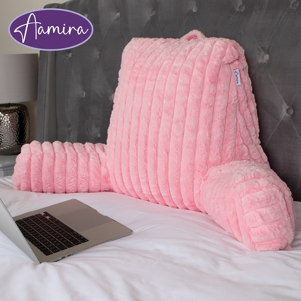 image 1 of Aamira Reading Pillow Pink Faux Fur Ribbed Memory Foam Support Cushion | Pink | Pink | Standard | 1