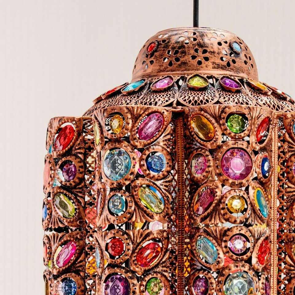 image 1 of ValueLights Leyla Large Bronze Lantern Ceiling Light Shade with Multi Coloured Jewels