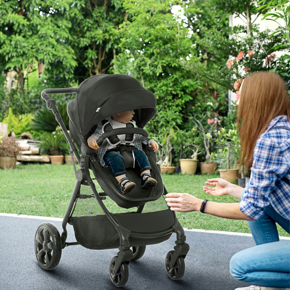 image 1 of HOMCOM 2 in 1 Pushchair Stroller w/ Reversible Seat Single Hand Foldable Black