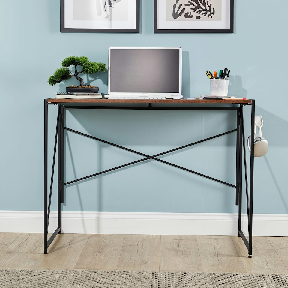 image 1 of Folding Compact Desk Storage Hook Wood Metal Office Computer Table Workstation White