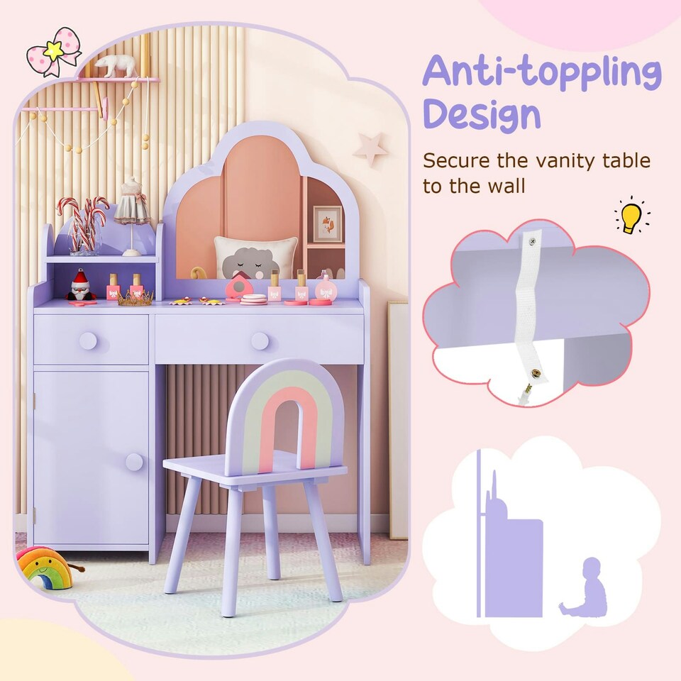 image 1 of COSTWAY Kids Vanity Table and Chair Set w/Mirror Purple