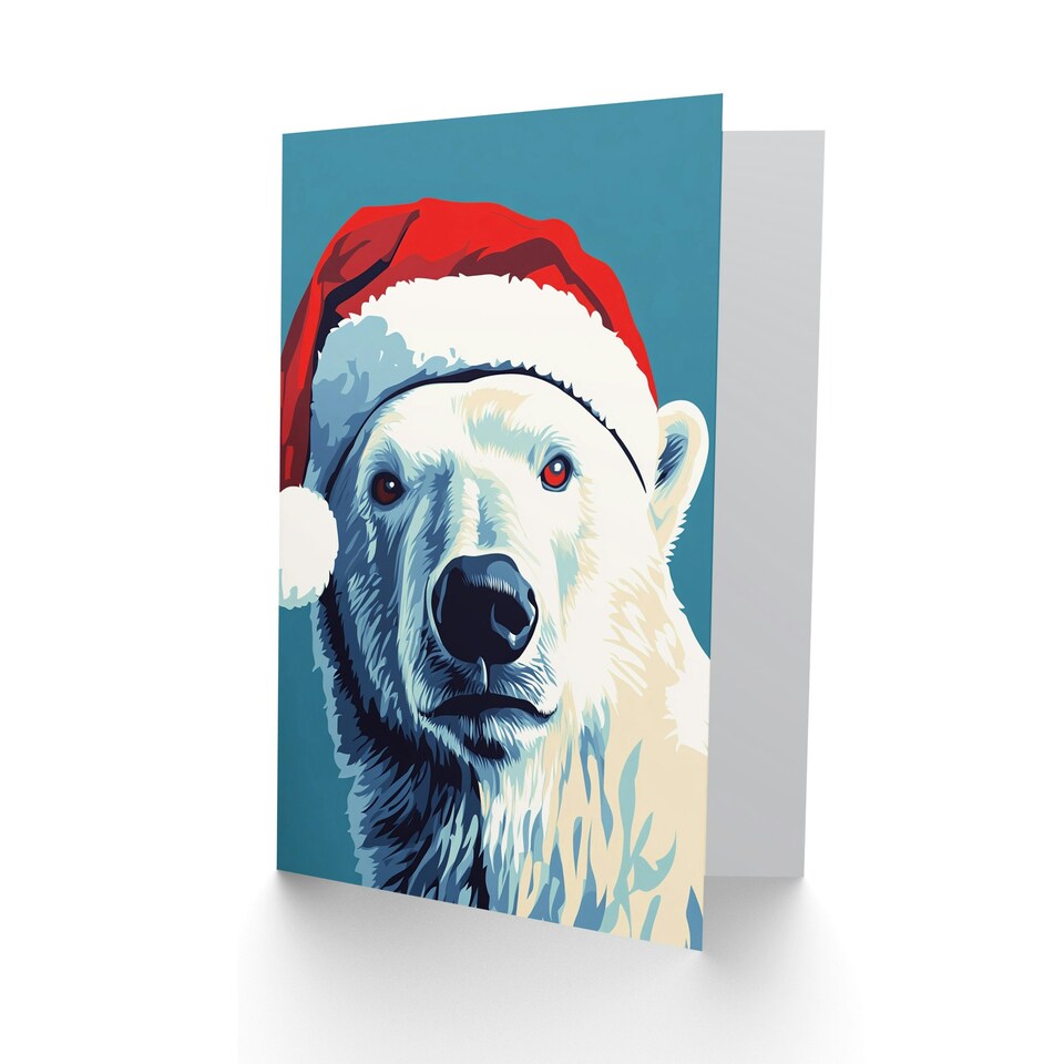 image 1 of Polar Bear With Santa Hat Blue Red Blank For Him Or Her Art Xmas Festive Christmas Card