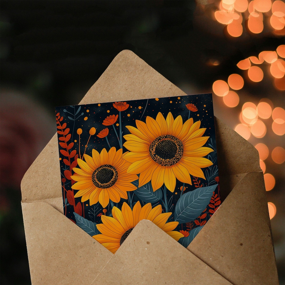 image 1 of Three Mystical Sunflowers Dark Magic Her Birthday Card