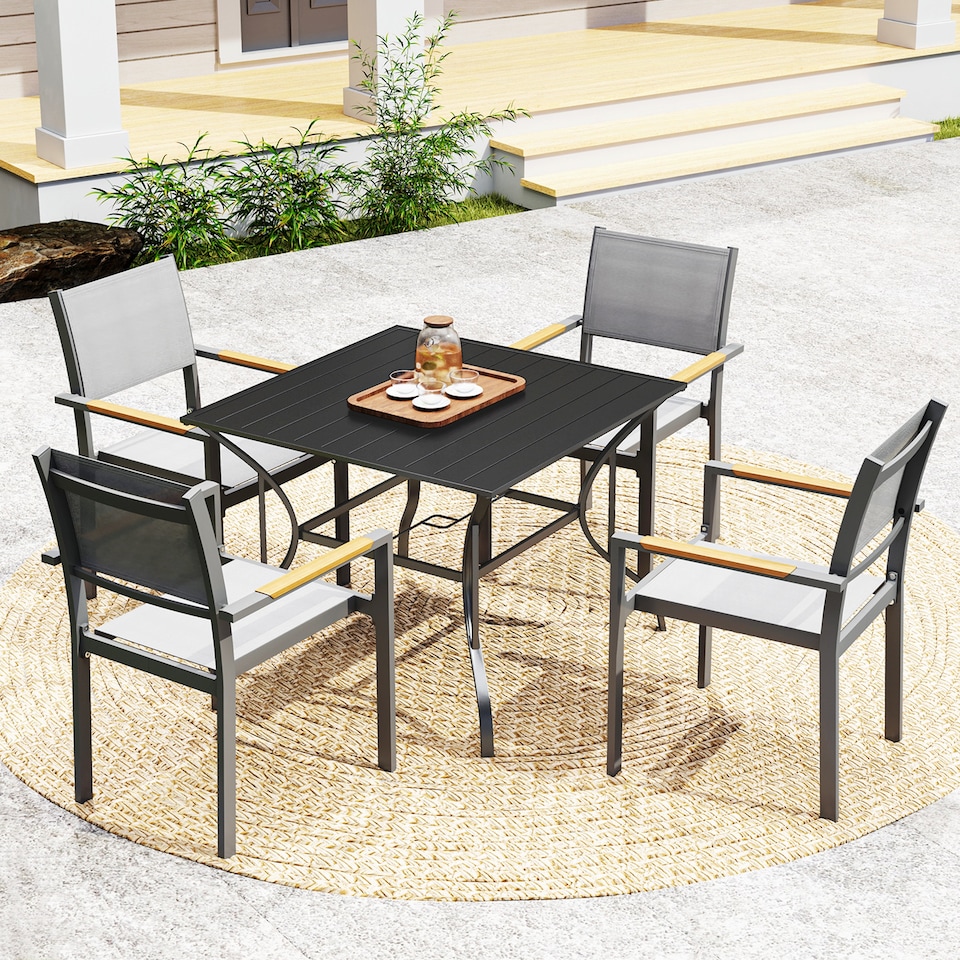 image 1 of Outsunny 94 x 94 cm Garden Dining Table with Parasol Hole, Square Patio Table with Slatted Metal Plate Top, Black