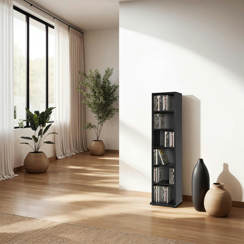 image 1 of CD DVD Storage Tower Media Display Unit Adjustable Shelves Wood Effect 102 CDs or 27 DVDs Black