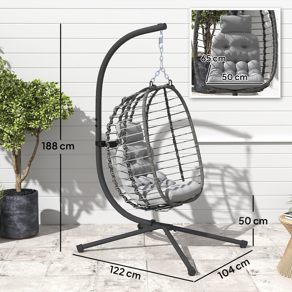 image 1 of Outsunny Rattan Hanging Egg Chair, Foldable Wicker Hammock Swing Chair with Cushion, Stand, Adjustable Height, Head Pillow, Steel Frame for Garden Patio Indoor Outdoor, Light Grey | Grey | Light Grey