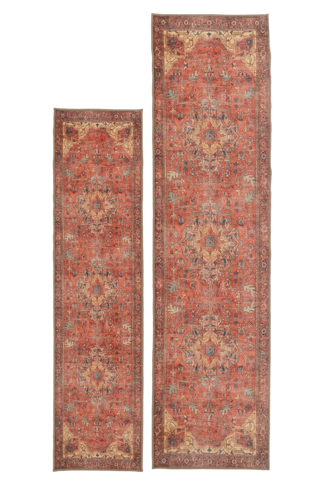 image 1 of Gold Coral Distressed Persian Inspired Washable Living Room Area Rug- 60x240cm | Orange