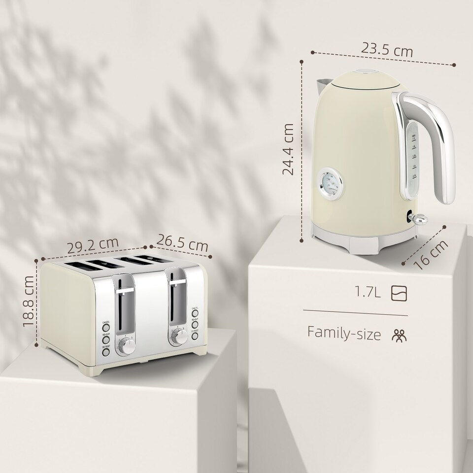 image 1 of HOMCOM Retro Kettle and Toaster Set with Temperature Gauge, 1.7L 3000W Rapid Boil Jug Kettle with Otter Thermostat, Limescale Filter, 4 Slice Toaster with 7 Browning Controls, Crumb Tray, Grey | Grey