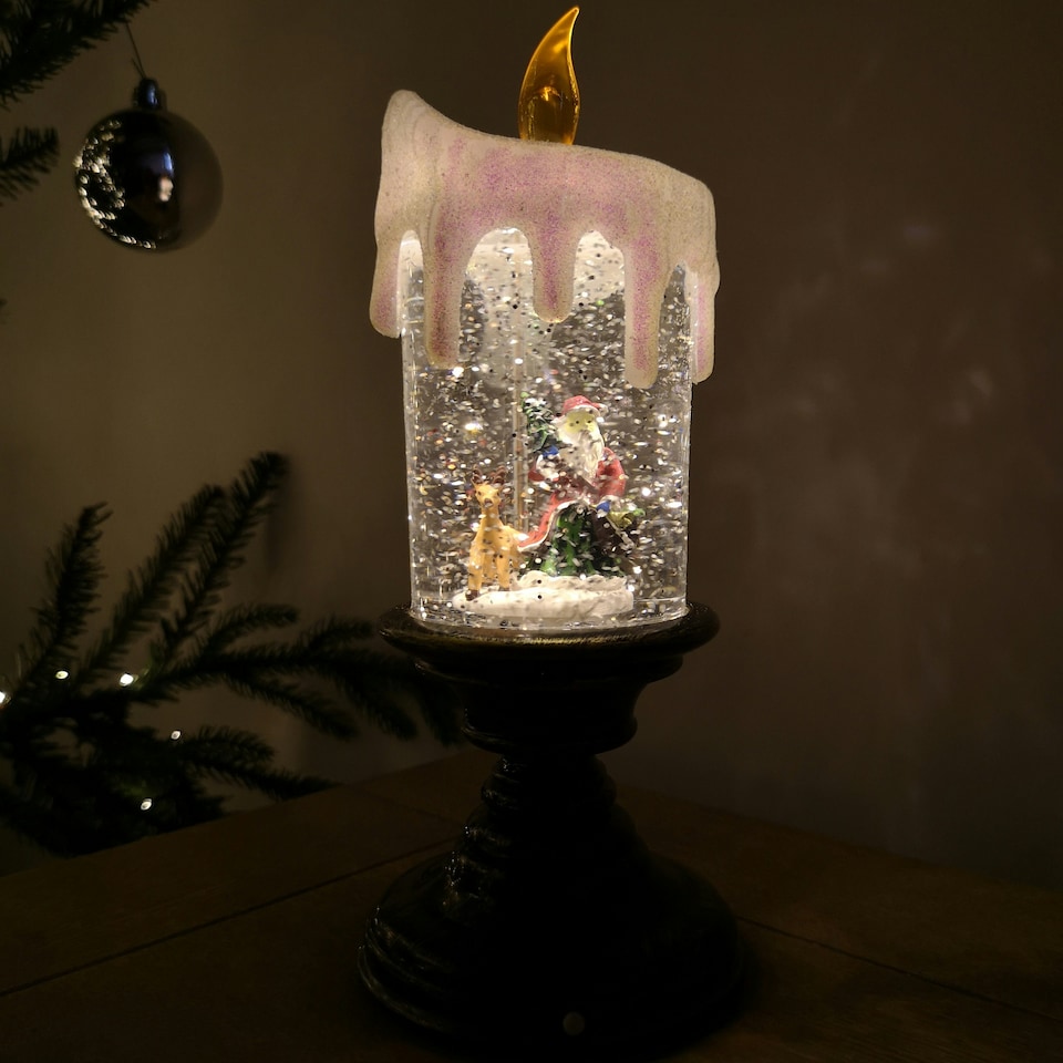 image 1 of 25cm Snowtime Dual Power LED Water Spinner Candlestick with Santa Scene