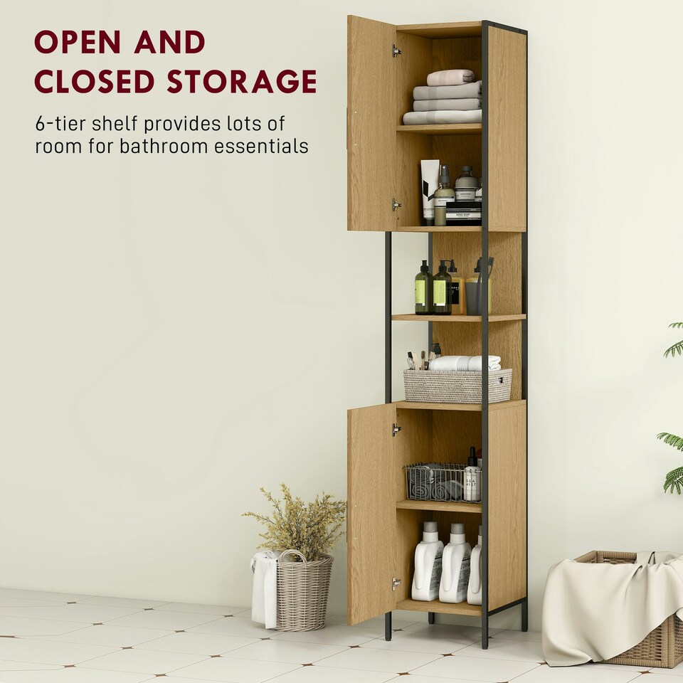 image 1 of HOMCOM Slim Bathroom Storage Cabinet with 2 Doors Open Compartments Natural Brown | Black