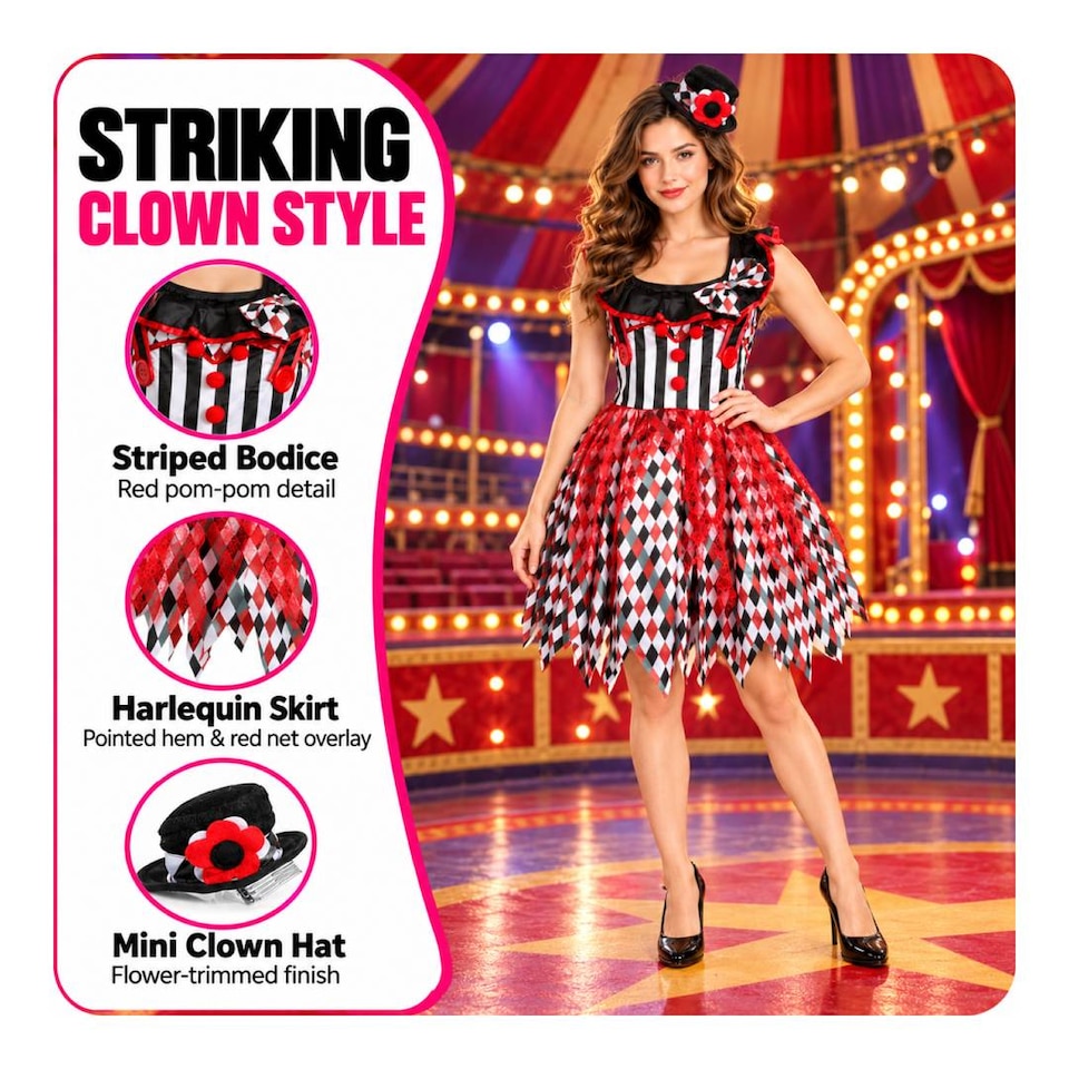image 1 of Womens Killer Clown Halloween Costume - Fancy Dress with Balloon Prop