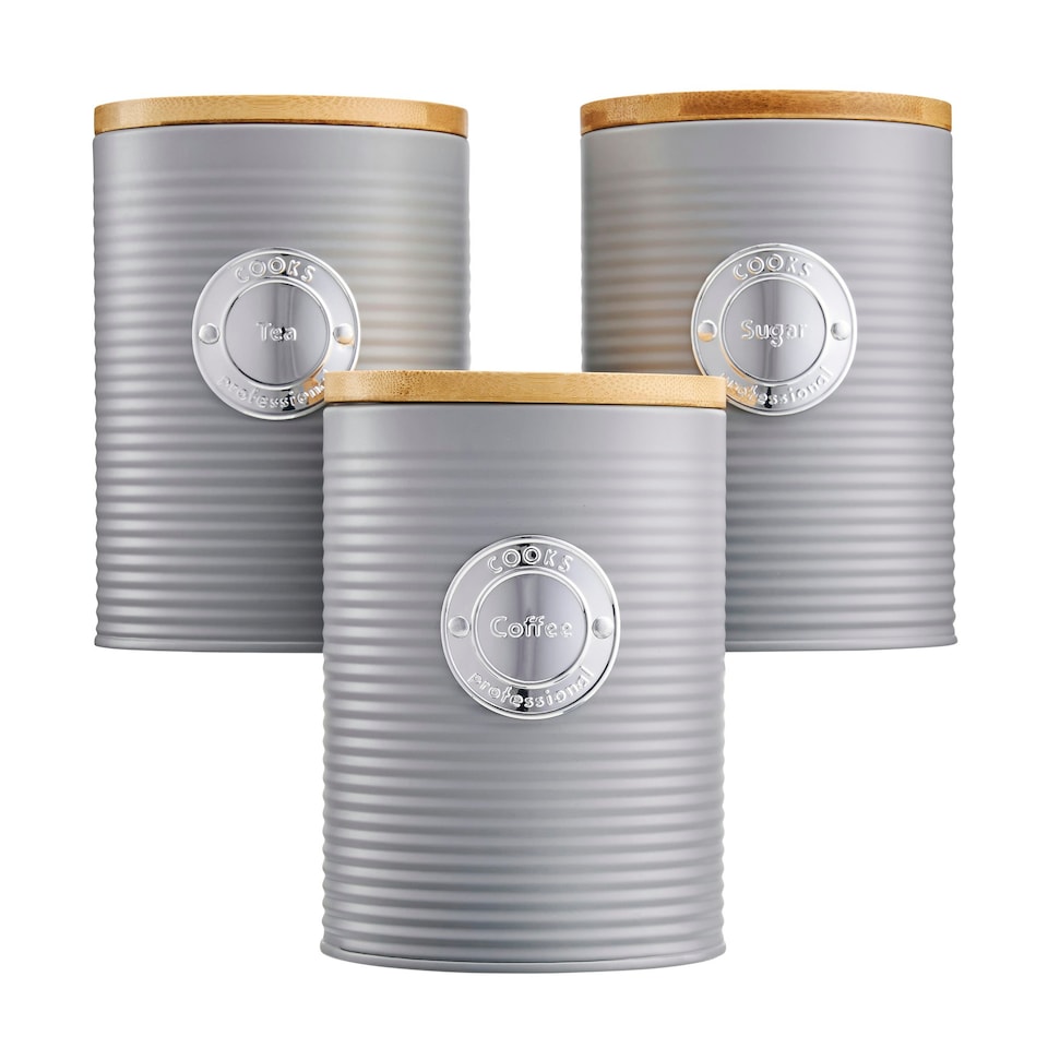 image 1 of Cooks Professional 3 Piece Ribbed Tea, Coffee, & Sugar Cannisters with Bamboo Lids | Stainless Steel Kitchen Storage Bins | Grey & Silver