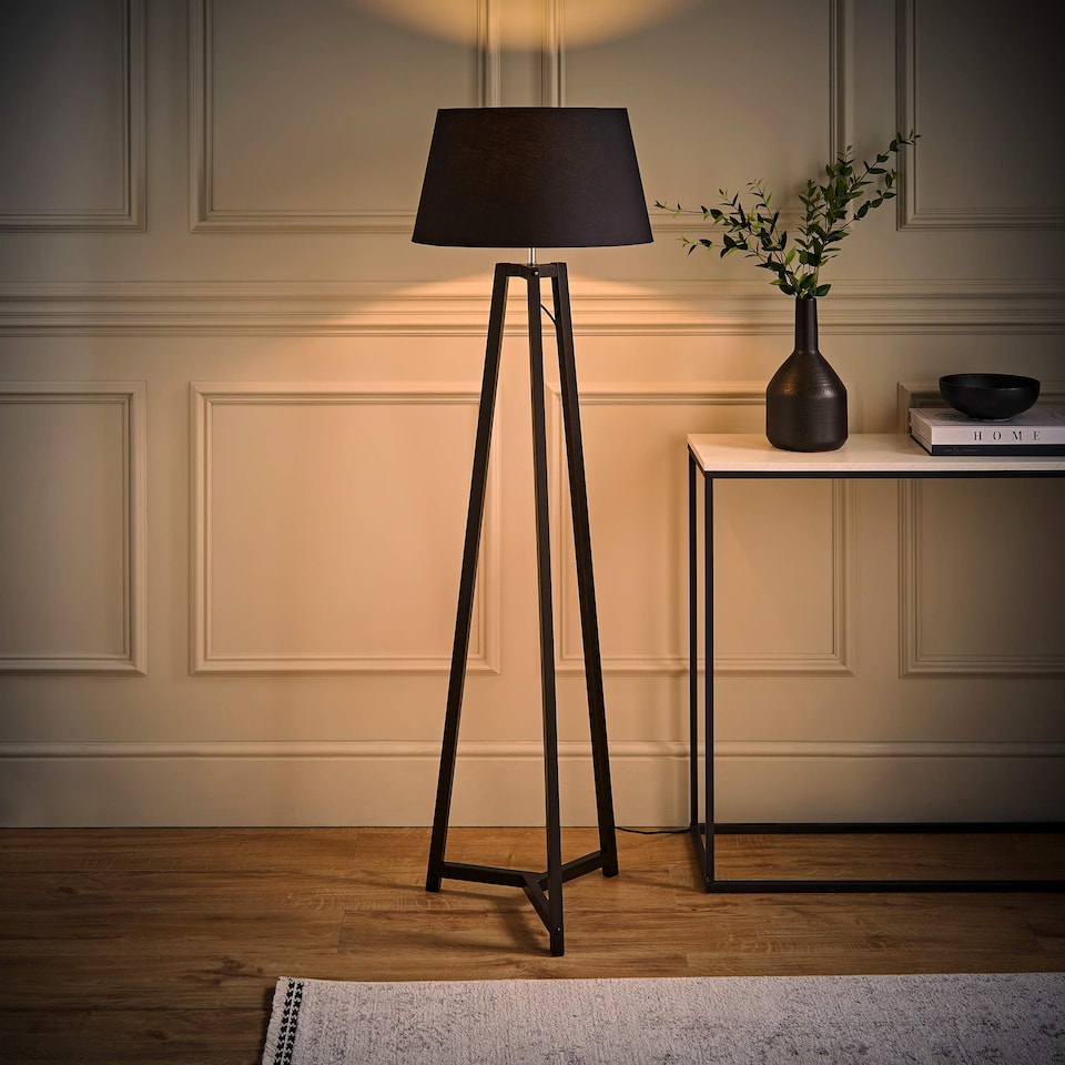 image 1 of ValueLights Lottie Black Wood Tripod Floor Lamp Black Taper Shade