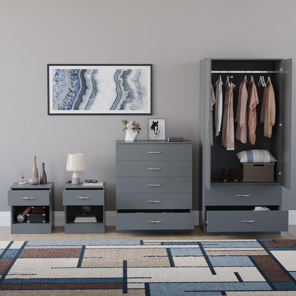 image 1 of Vida Designs Riano 4 Piece Bedroom Set (1 Drawer Bedside Chest, 5 Drawer Chest, 2 Door 2 Drawer Wardrobe), Grey (5)