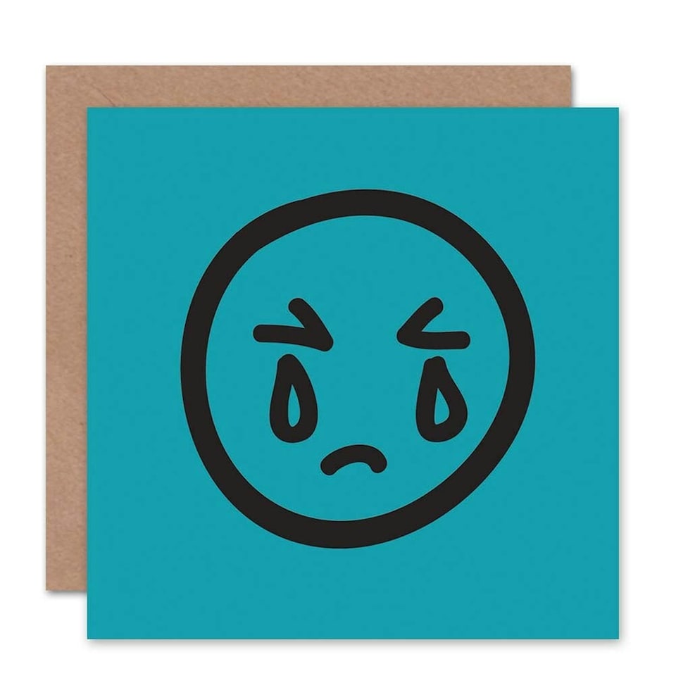 image 1 of Sad Crying Emoticon Face Tears Blue Sorry Apology Card