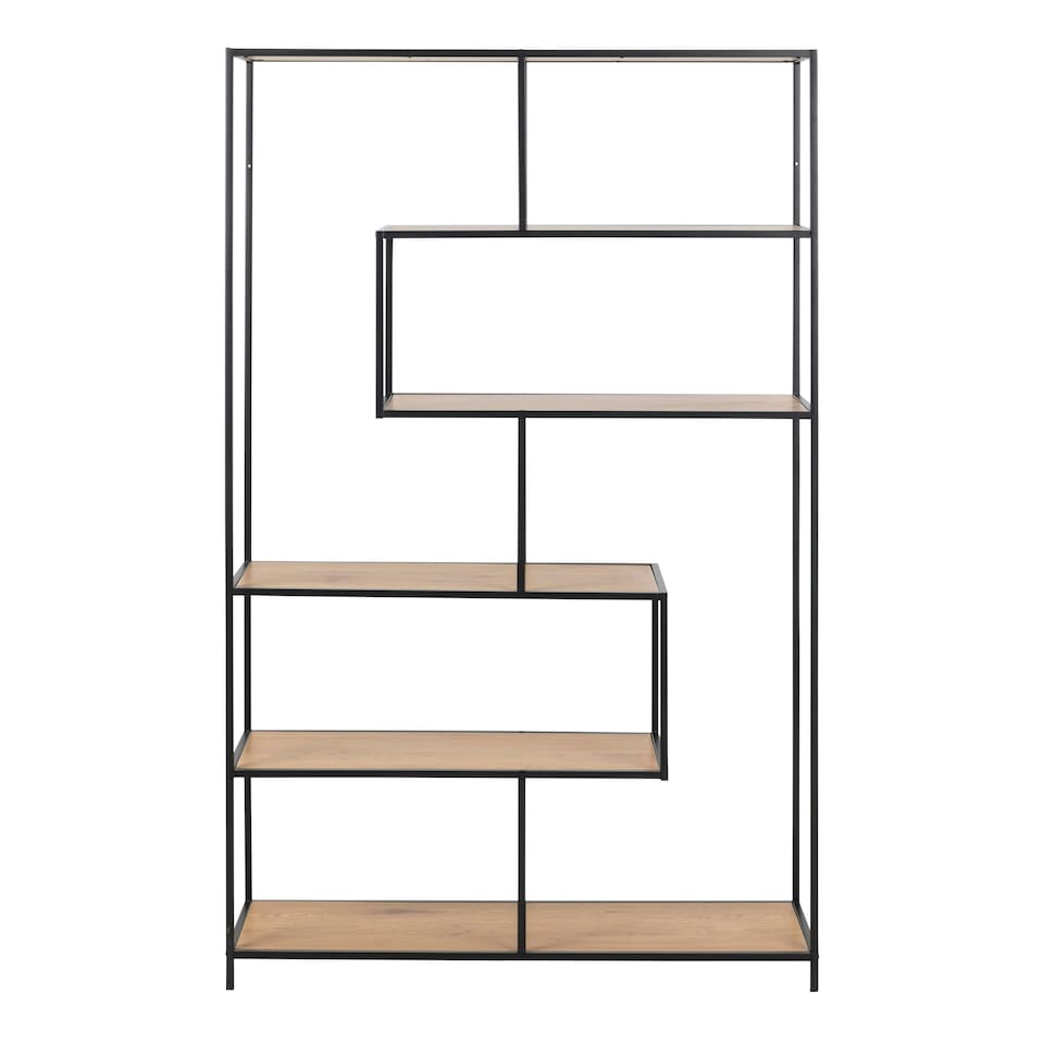 image 1 of Seaford Black Metal Large Asymmetrical Bookcase with 5 Oak Shelves