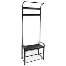 Harbour Housewares Curved Steel Coat Rack with Shoe Storage Bench - Black/Black | Black | Black/Black | One Size