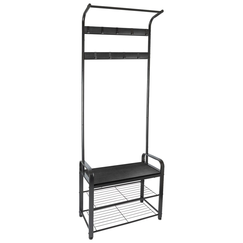 image 1 of Harbour Housewares Curved Steel Coat Rack with Shoe Storage Bench - Black/Black | Black | Black/Black | One Size