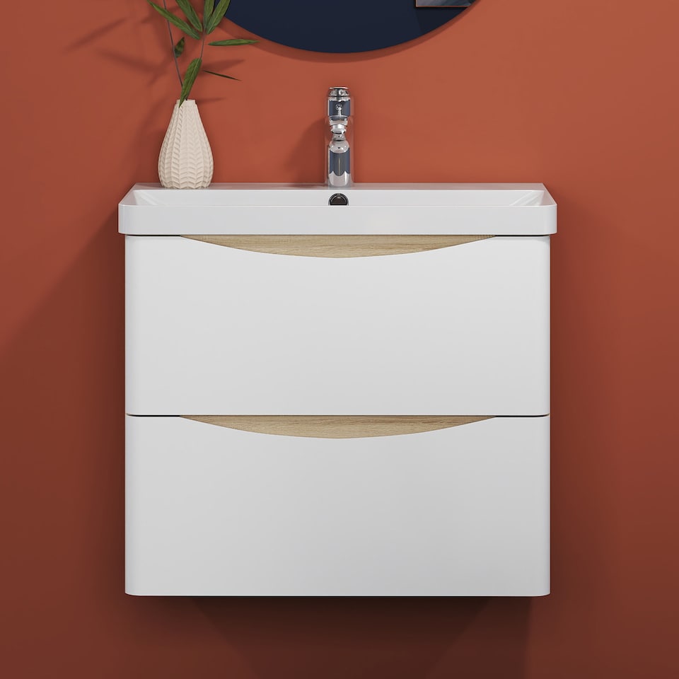 image 1 of AICA 600mm Wall-Hung White Bathroom Vanity Unit With Integrated Sink,2 Soft-Close Drawers for Storage