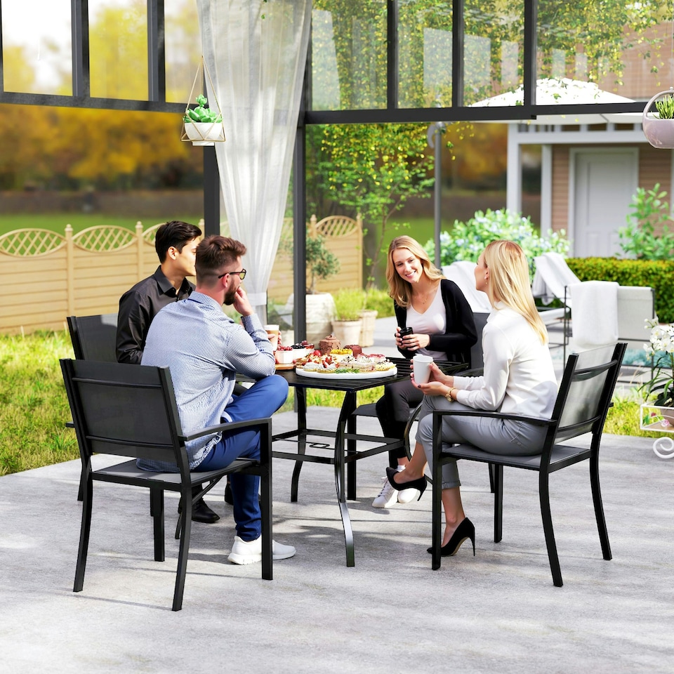 image 1 of Outsunny Garden Table with Parasol Hole for Four, Slatted Metal Plate Top Black