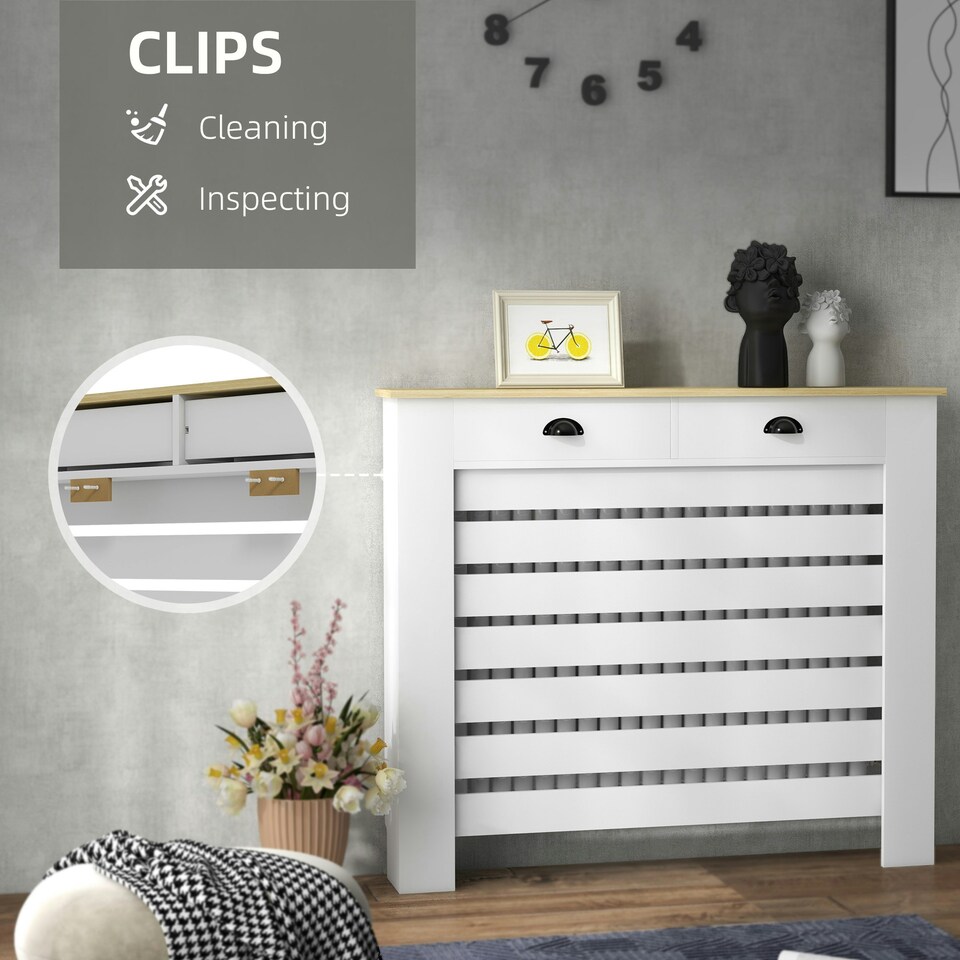 image 1 of HOMCOM Radiator Cover with Drawer, Horizontal Slat, 111cm, White