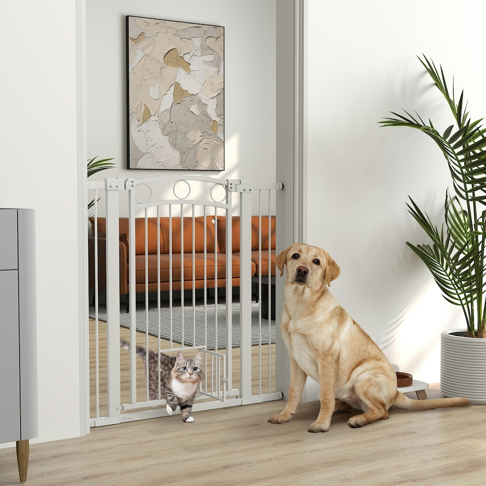 image 1 of PawHut Stair Gate with Cat Door, Adjustable Width, 76-104cm and 106cm Tall