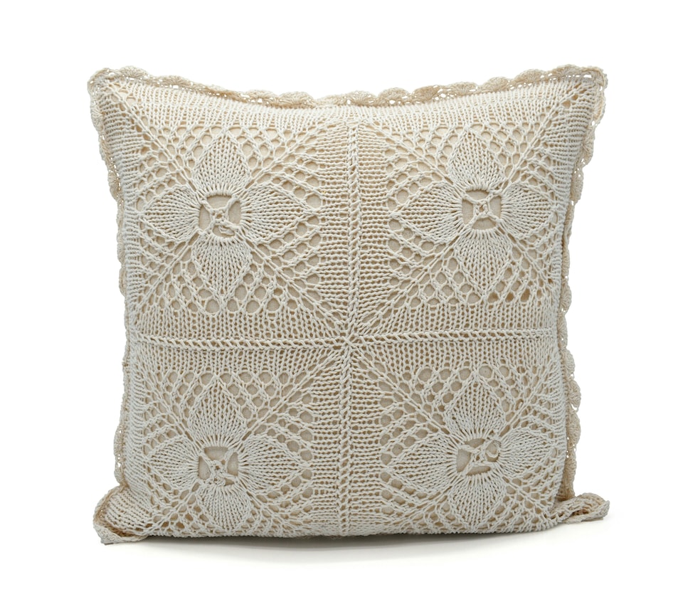 image 1 of Floral Crochet Detail Cushion - 45cm x 45cm | Cream | Landon