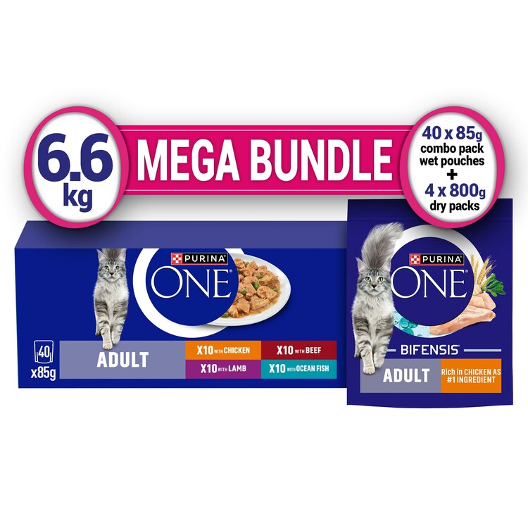 Purina One Wet Cat Food 40X85G & Dry Cat Food Chicken 6.4Kg Bundle