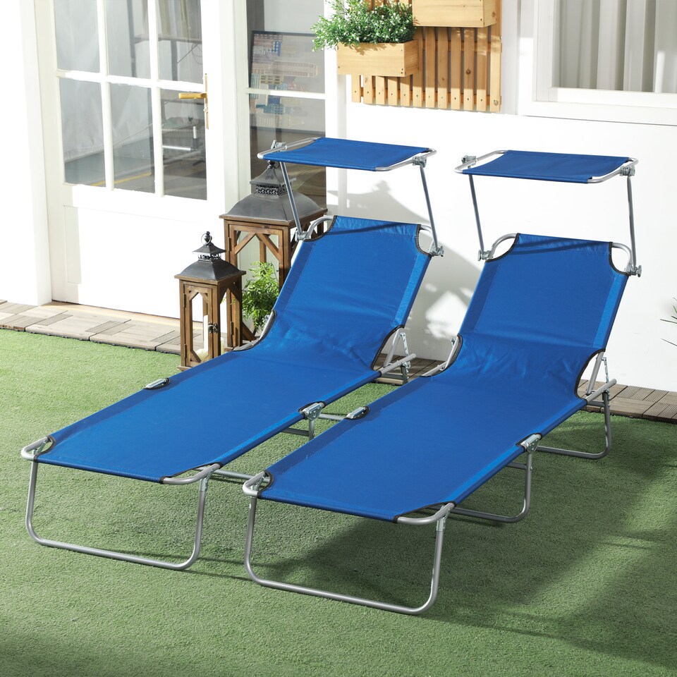 image 1 of Outsunny Folding Sun Lounger Set of 2 w/ Sunshade Adjustable Backrest Blue